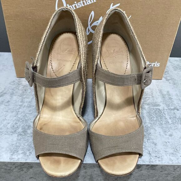 CHRISTIAN LOUBOUTIN Taupe Espadrille Wedges Size 37 US 6.5 Red Bottoms - Picture 4 of 16